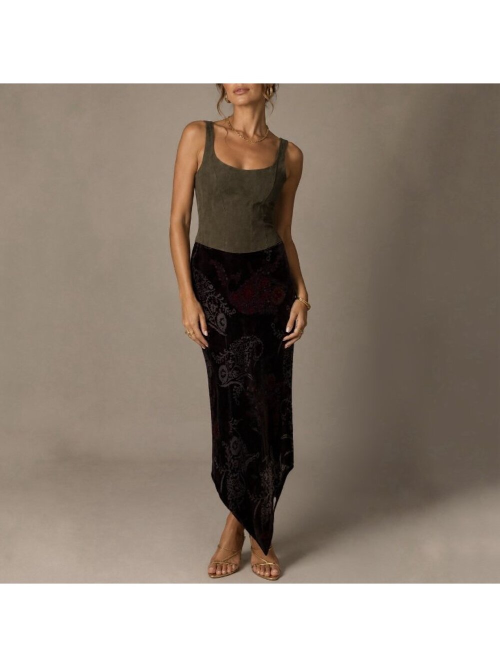 Jon Green Leather Asymmetric Midi Dress Burnout Velvet Floral Sleeveless Dress 4